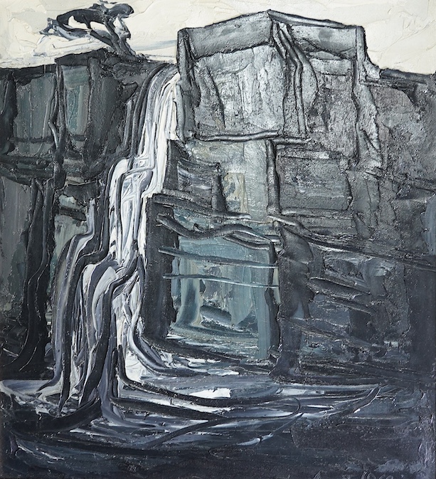 David Smith (British, 1930-1999), Waterfall, North Wales and Foundry scene, oil on board (2), 101 x 92cm and 100 x 125cm